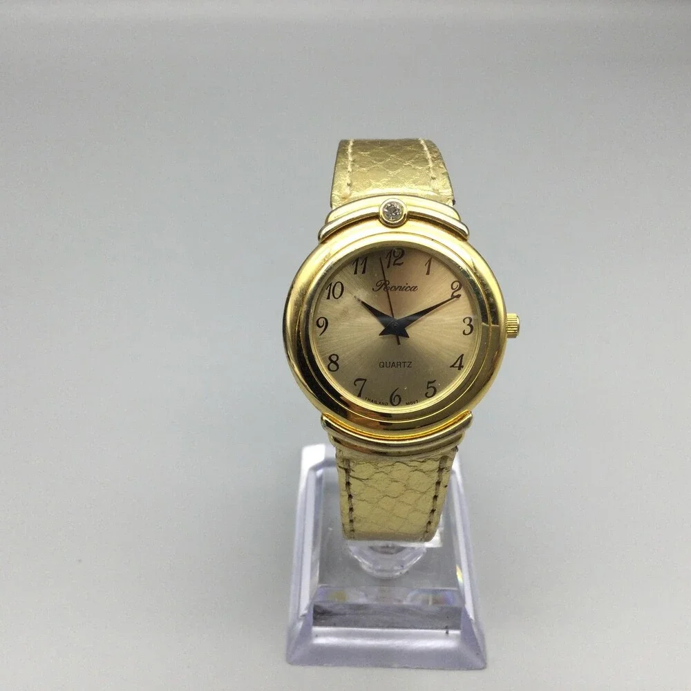Vintage Ronica Womens Watch 31mm Gold Tone Gem Leather New Battery